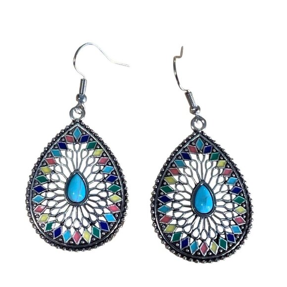 Accessories - Bohemian Teardrop Mosaic Earrings Turquoise Style Accent Southwestern Cowgirl